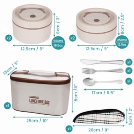 BELLE VOUS 5-Piece Portable Insulated Lunch Container Set with Cutlery - 4 Stainless Steel Leakproof Stackable Food Bento Boxes with Thermal Bag - Lunch Box Set for Adults/Students - Biege