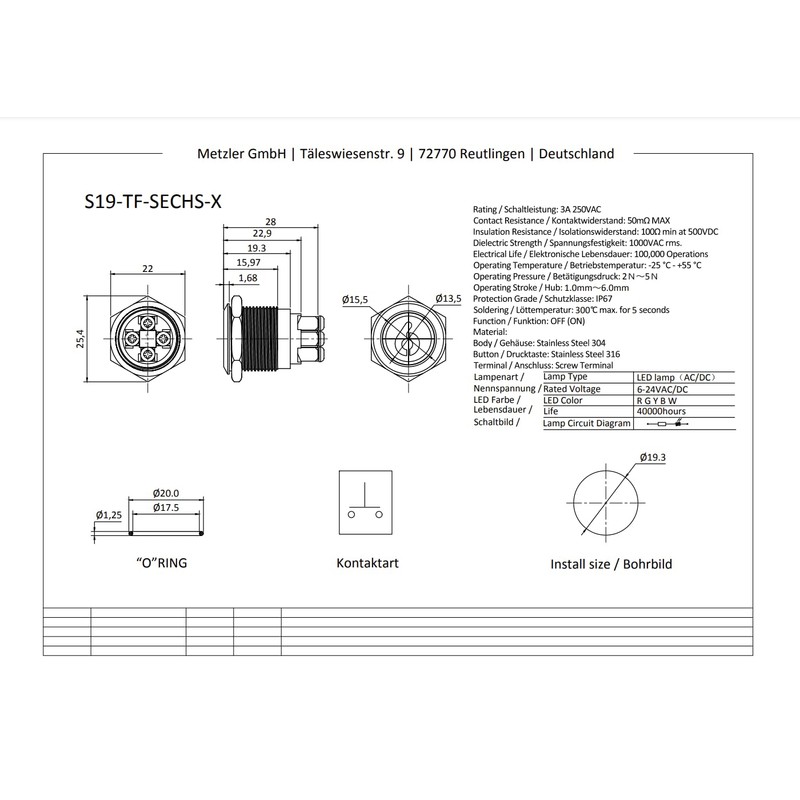 Metzler - Push Button 19mm - LED Symbol Number 6