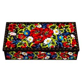 UA Creations Petrykiv Ethnic Rectangular Lacquer Wooden Jewelry Box with Lid, Hand Painted Flowers on Black, Beautiful Floral Design Gift for Girls and Women (red and yellow)