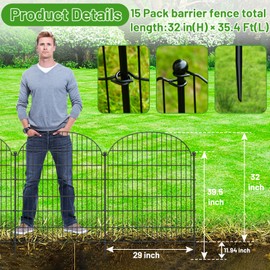 Decorative Garden Metal Fence 15 Pack, 32 in (H) x 35.4 ft (L) No Dig Dog Animal Barrier for Yard, Animal Ground Stakes Fencing for Garden, Patio, Flower Bed