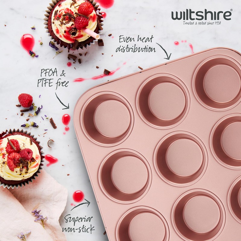Wiltshire Rose Gold 12 Cup Muffin Tray, PFOA PTFE Free,