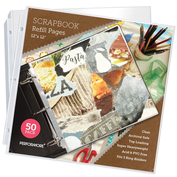 50 Pack of Scrapbook Refill Pages, 12.25" X 12.25" Clear Sheet Protectors for 3 Ring Binder, Plastic Sheet Sleeves, Top Loading Paper Protector, Archival Safe for Documents and Photo