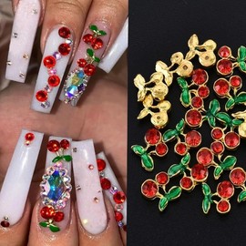 60 Pieces of 3D Cherry Nail Charms Jewelry Cherry Nail Rhinestone Nail Art Shiny gem Nail Nail Cute Fruit Nail Diamond Crystal Luxury Jewelry Nail Makeup Lady Crafts DIY (Pink/red Gold,)