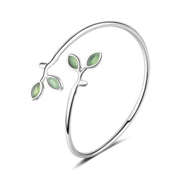 XIAFH Tender Green Leaf Bracelet for Women Girls Ladies Adjustable Leaf Bracelet 925 Silver Leaf Cat's Eye Stone Bracelet Jewellery Gift (silver)