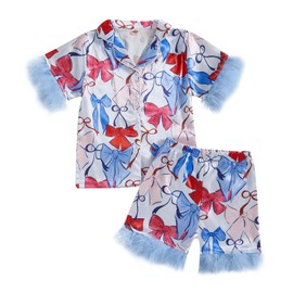 Kavousa 4th Of July Pajamas Kids Toddler Baby Girl Boy Forth Of July Pjs Silk Sleepwear Nightwear Loungewear Summer Pj Set (Bow Blue, 4-5 Years)