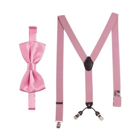 Massi Morino Braces with Bow Tie Set for Men and Women, Y-Shape Straps Elastic with Extra Strong Clips, 3.5 cm Wide, Adjustable Length, Pre-Tied Tie for Suit, pink