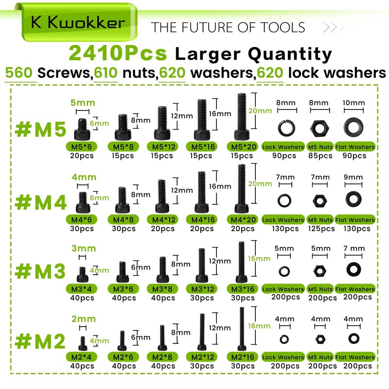 K Kwokker 2410Pcs M2 M3 M4 M5 Nuts and Bolts