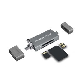 JJC Metal NM SD Card Reader with Tri-Connectors, 3-in-1 USB 3.0 Micro USB 2.0 Type-C 3.0 with 3 Card Slots Easy Card Reader for SD SDHC SDXC Micro SD Micro SDHC Micro SDXC NM Nano Memory Cards (Gray)