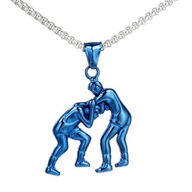 HIJONES Men's Stainless Steel Wrestling Match Pendant Sport Necklace Polished Blue