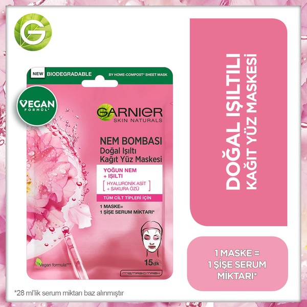 Garnier Moisture Bomb Sakura and Hyaluronic Acid Sheet Mask, Hydrating and Glow Reviving Face Mask For Dull Skin, Biodegradable and Vegan Tissue, 28g