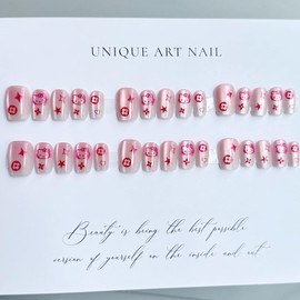 Generic 30PCS Pink Cat Press on Nails,Pink Press on Nails Short for Girls and Women,Fake Nails Kit with Glue Jelly Glue Stick Mini File and Wet Wipes