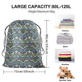 Obal William Morris Laundry Bag Foldable Designer Storage Bags With Drawstring Heavy Duty Clothes Washing Bags For Home Dorm Travel, Extra Large Strawberry Thief Green 30" x 35"