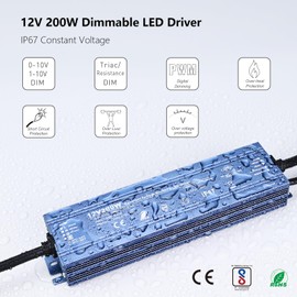 BENLUN Constant Voltage 12V 200W 16,7A Dimmable LED Driver, Waterproof IP67 Transformer, AC 110V Triac Power Supply, LED Adapter for LED Light, Computer Project, Outdoor Light