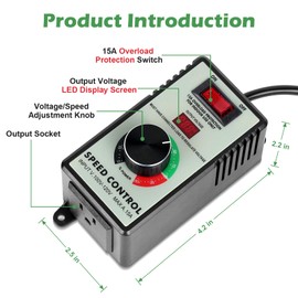 AC Motor Speed Controller 110-120V / 15A Max, Variable Fan Speed Controller AC Electronic Voltage Regulator with Overload Protection Switch & Voltage LED Display Screen