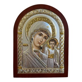 Silver Canvas (A-3/002G/K) Virgin Mary of Kazan Kazanskaya Byzantine Silver Orthodox Icon/Greek Handmade (Red, 5 1/2x4)