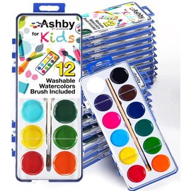 12 Pack of Watercolor Paint Sets - 12 Fun & Vibrant Colors Per Paint Tray - Washable - Nontoxic - Each Set Includes a Quality Wooden Brush