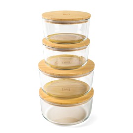 DE Glass Containers with Bamboo Lids (4 Pack Round, 2 x 33oz & 2 x 60oz) Eco Friendly Glass Food Storage Containers Reusable BPA Free Bento Lunch Box Airtight Plastic Free Glass Meal Prep Container