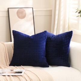 Puncuntex Set of 2 Decorative Navy Blue Throw Pillow Covers 22×22 Inch,Super Soft Plush Flannel Fleece Pillowcase Fluffy Cozy Plaid Texture Cushion Cover for Couch,Sofa,Farmhouse,Living Room
