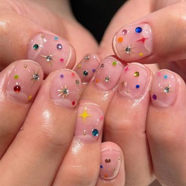 NEWSPIED Short Press on Nails Square Cute Star Fake Nails with Color Star Rhinestones Dots Designs Luxury Acrylic Nails Artificial Glue on Nails Glossy Nude False Nails for Women Girls 24Pcs