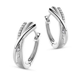 Miore 925 Sterling Silver Crossover Hoop Earrings with 9 Clear Zirconia Crystals for Women, 6 x 16.5mm