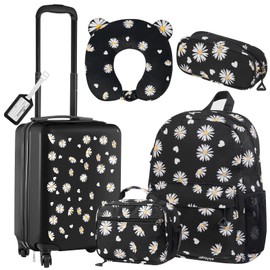 Redbaker 6 Pcs Kids Luggage Set 17 Inch Kids Rolling Luggage Double Pattern Suitcase for Girls Boys Christmas Gift(Black,Daisy Style)