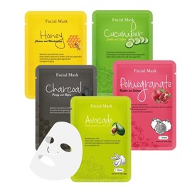 Facial Sheet Mask Variety Pack - Hydrating & Nourishing Set with Avocado, Honey, Charcoal, Pomegranate & Cucumber, 5-Pack