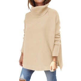 vbcdwa Womens Turtlenecks Tops Pullover Casual Loose Long Batwing Jumpers Chunky Knit Sweater Apricot