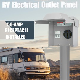 Temporary Electrical Power Outlet Panel Weatherproof RV Receptacle Box with 50 Amp Breaker Outdoor Panel for RV Camper Car Travel Generator Motorhome (50 Amps+Breaker)