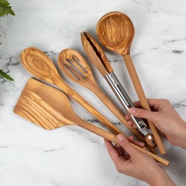 Salt & York 5-piece Olive Wood Utensils Set - Includes Turner, Tongs, Slotted Spoon, Ladle, and 12" Spoon - Best Wooden Spoons for Cooking - Wood Kitchen Utensils Set - Ideal for Nonstick Cookware