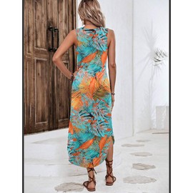 Zeagoo Womens Boho Dress for Summer Beach Vacation Dresses Leaf Print Tropical Sundress Hawaiian Dress, Tropical Leaf,M