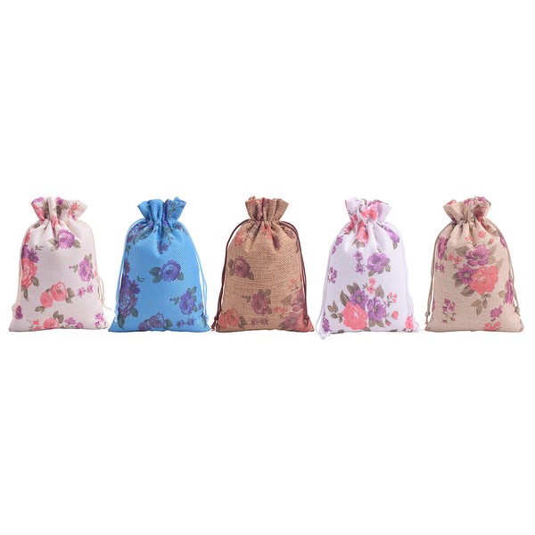 Sansam 20pcs Drawstring Burlap Gift Bags, 4.0x5.6'' Mixed Flower Patterns Jute Bags for Jewelry, Party, Gift Packaging