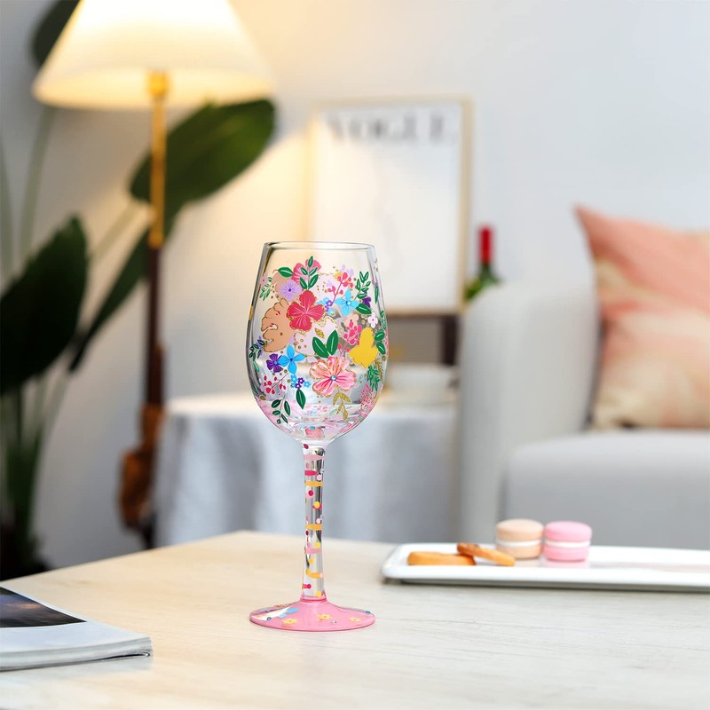 NymphFable Bunte Weingläser Wildblumen Personalisiertes Handgemalt Weinglas Geburtstagsgeschenk für Frauen