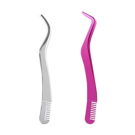 2PCS Eyelash Extension Tweezers, Stainless Steel Lash Tweezers with Comb, 2 in 1 Lash Extension Tools False Eyelash Applicator - Pink & Silver