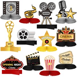 Chinco 12 Pieces Movie Night Party Decorations Supplies Movie Theater Honeycomb Centerpiece 3D Microphone Ticket Star Video Paper Centerpiece Sign Table Decoration for Theater Birthday Party Favors
