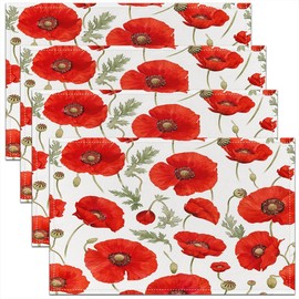 Homemissing Red Poppy Placemat for Kitchen Dining Table 45X30cm Floral Flower Blossom Printed Table Place Mats Botanical Washable Fabric Decoration Table Mats Placemat Spring Garden Table Mats