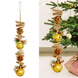 23.6 Inches Christmas Pinecone and Bell Hanging Garland Decoration, Rustic Wood Stick and Pine Leaf Garland with Bells, Holiday Ornament for Door Wall Fireplace, Indoor Outdoor Xmas Decor (Gold)