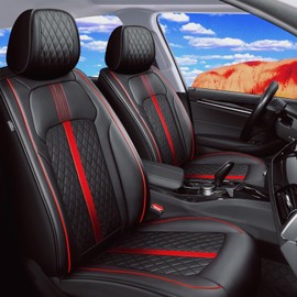 FiveFox Fit 4Runner Car Seat Covers (Front Pair) for Select Toyota 4Runner 2025-2026 - Full Coverage Leather, Waterproof & All Weather Seat Cushion Protector, Black with Red Trim