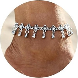 Flower Ankle Bracelets for Women Waterproof Vintage Boho Non Tarnish Anklets Beach Cute Chunky Friendship Dainty Charm Adjustable Anklets (Silver, One Size)