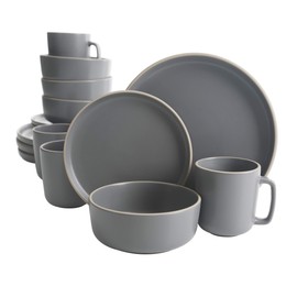 Gibson Home Zuma 16 Piece Round Kitchen Dinnerware Set, Dishes, Plates, Bowls, Mugs, Service for 4, Matte Stoneware, Grey, Gray
