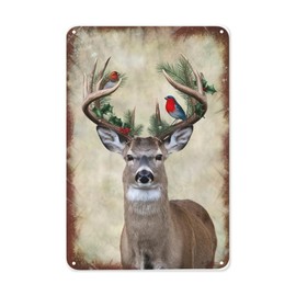 Festive Deer Holiday Metal Plaque 8X12IN Rustic Winter Wall Decor with Holly Motif for Cabin, Fireplace Mantel & Vintage Christmas Theme