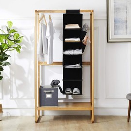 YOUDENOVA Hanging Wardrobe Organiser 6 Shelves Hanging Shelves With Side Pockets Clothes Organiser Bedroom Storage Black