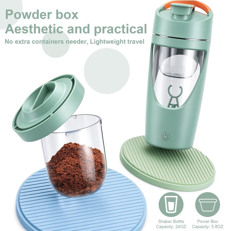 Electric Protein Shaker Bottle with Storage, USB-C, 24 oz, Green
