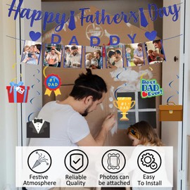 DWEARTY Fathers Day Banner Can Be Accompanied by Photos and 6 Hanging Swirl Decorations - Happy Fathers Day Decorations for Home and Party