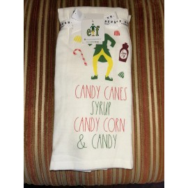 Rae Dunn Elf “CANDY CANES SYRUP CANDY CORN & CANDY” Kitchen Towel Set Of 2 Linen
