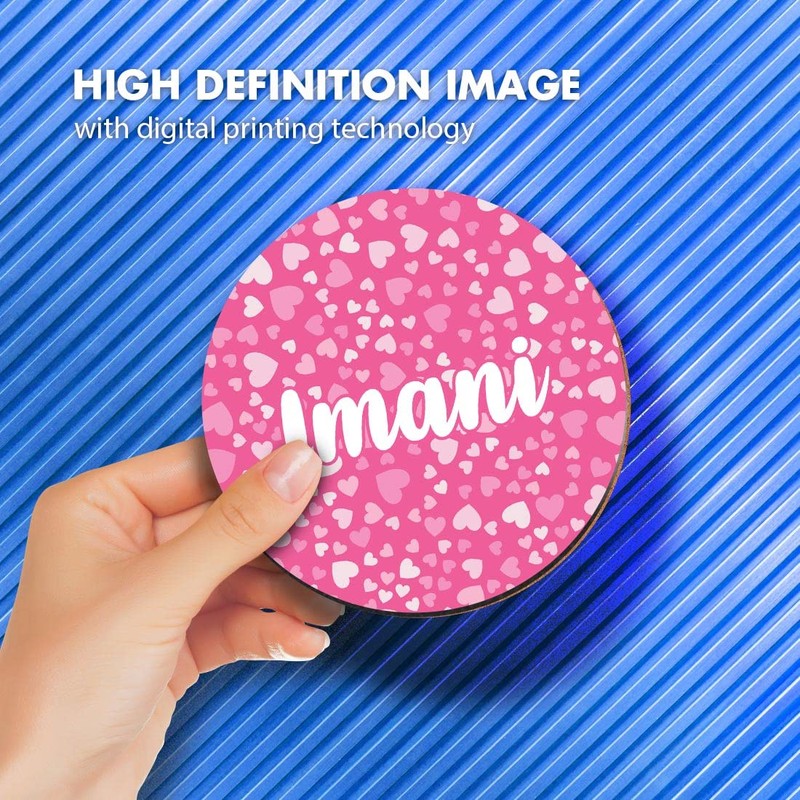 1 x Round Coaster - Name Imani Pink Hearts Love