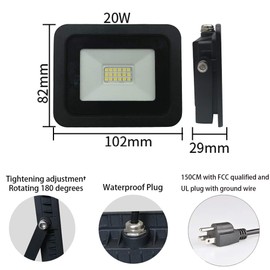 Ultra-Thin 20W IP68 Waterproof Outdoor LED Flood Lighting with Plug for Garden Wall Washer Lamp