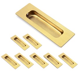 HOMOTEK 8 Pack 120mm Flush Sliding Closet Door Pulls, Recessed Finger Pulls for Sliding Barn Bypass Door Handles, Cabinet Drawer Rectangular Invisible Pull- Small Size 4.75 in, Brushed Gold