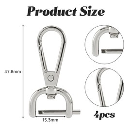 Pack of 4 Carabiner Hooks with Swivel and Screwdriver, ID 15 mm Carabiner Swivel Carabiner D-Ring Carabiner Hook Silver, Carabiner for Dog Lead, Carabiner with Swivel for Bag Accessories