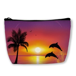 BUYIDUI Dolphins Jumping and Palm Tree Sunset Makeup Bag Cosmetic Bag for Women Girls,Portable Makeup Bags Travel Toiletry Bag Organizer