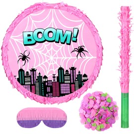 Halloscume Pink Spider Piñata Birthday Party Favors Set Spider Party Decor with Batting Stick Eye Mask Blindfold and Confetti for Cartoon Hero Movie Theme Decorations